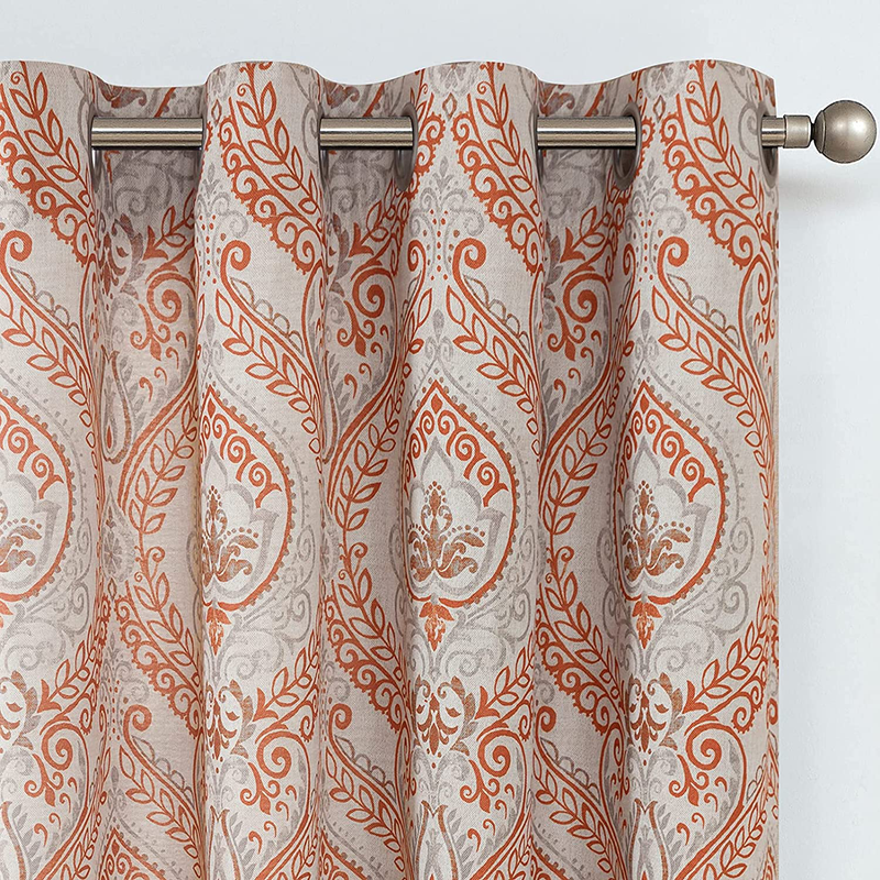Linen Textured Curtains for Bedroom Damask Printed Drapes Vintage Linen Look Medallion Curtain Panels Red Window Treatments Room Darkening for Living Room Patio Door 2 Panels 84 Inch Terrared Home & Garden > Decor > Window Treatments > Curtains & Drapes jinchan   