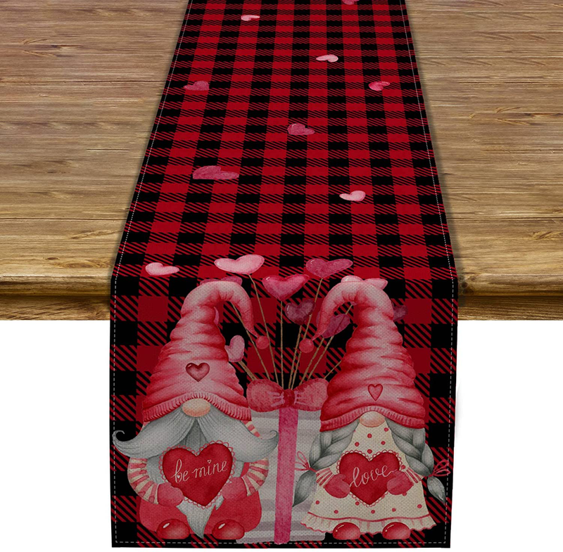 Linen Valentine'S Day Table Runner Gnome Red and Black Buffalo Check Plaid Scandinavian Tomte Table Decoration Kitchen Dining Room Decor -13X72 Inch Home & Garden > Decor > Seasonal & Holiday Decorations Sunwer   