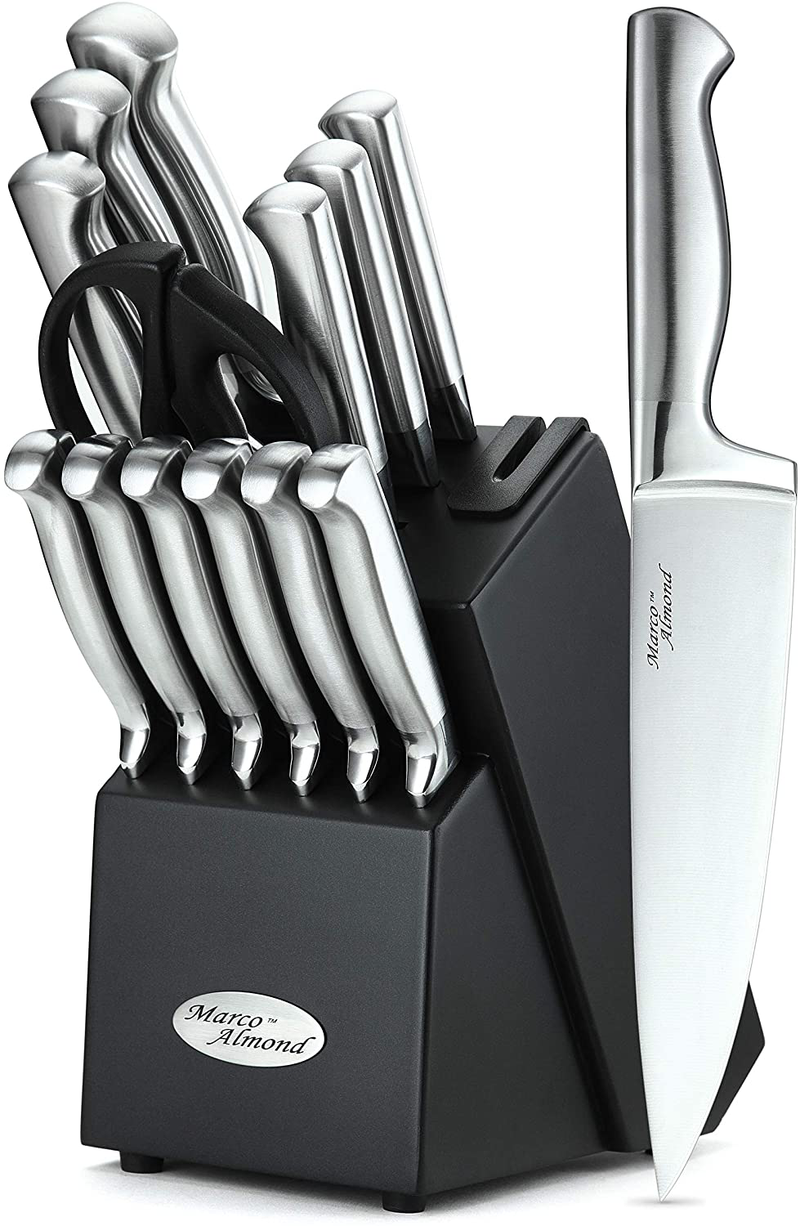 Marco Almond KYA28 Knife Set, 14 Pieces Japanese High Carbon Stainless Steel Cutlery Kitchen Knife Set with Hardwood Block, Hollow Handle Self Sharpening Knife Block Set, Black, Best Gift Home & Garden > Kitchen & Dining > Kitchen Tools & Utensils > Kitchen Knives Marco Almond Japanese Steel/Sharpener/Single Piece Forged/Silver 14-Piece 