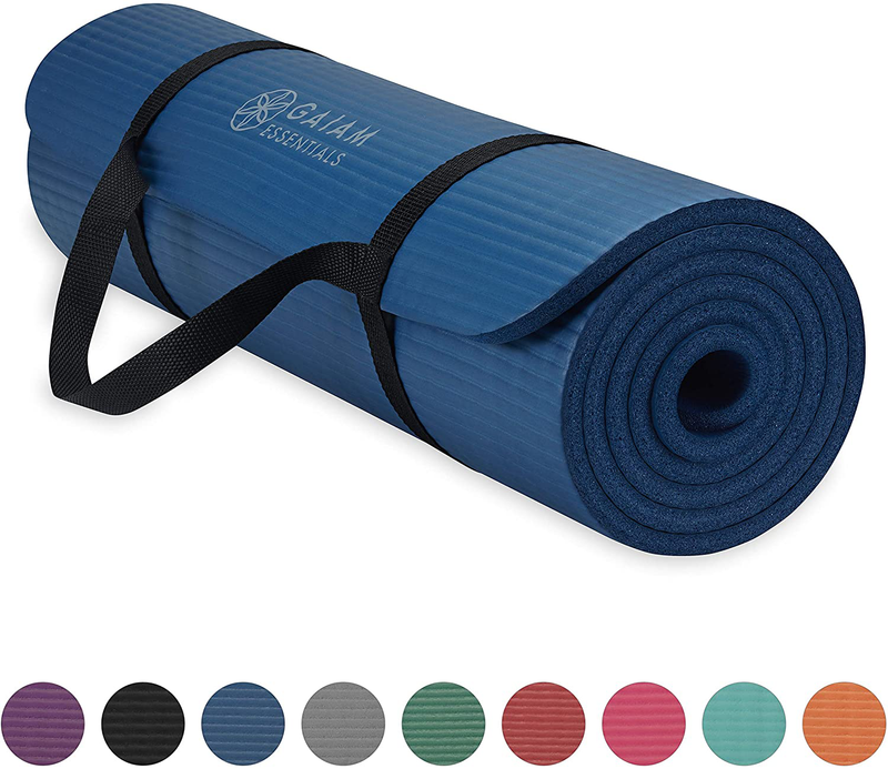 Gaiam Essentials Thick Yoga Mat Fitness & Exercise Mat with Easy-Cinch Yoga Mat Carrier Strap, 72"L x 24"W x 2/5 Inch Thick  Gaiam Navy  