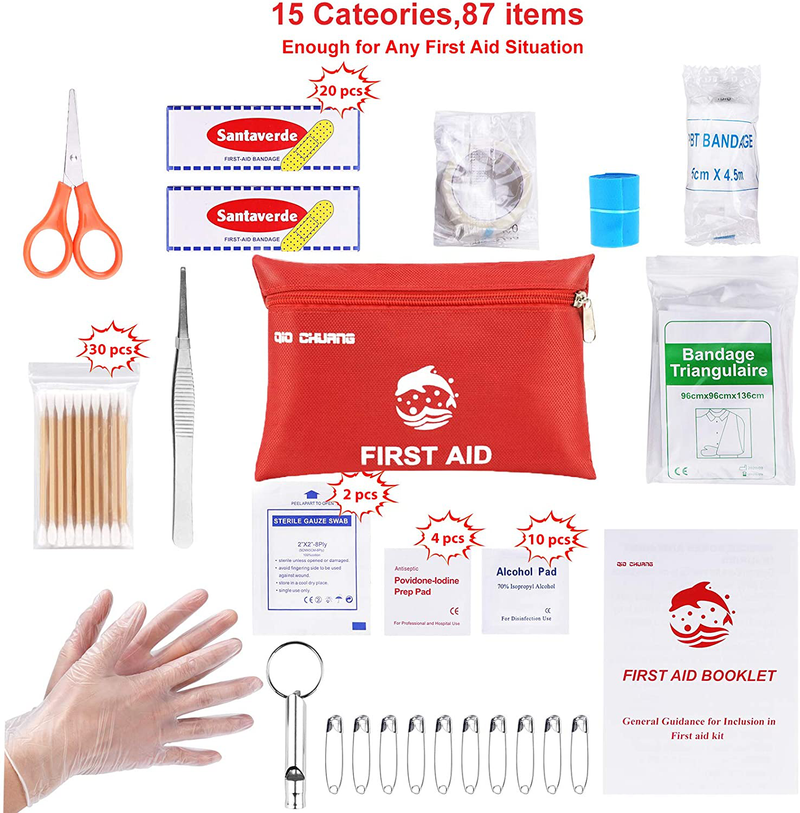 Small Travel First Aid Kit - 87 Piece Clean, Treat and Protect Most Injuries,Ready for Emergency at Home, Outdoors, Car, Camping, Workplace, Hiking.