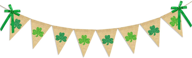 Glitter Shamrock Garland Banner Burlap | Rustic St. Patrick'S Day Shamrock Garland | St. Patrick'S Day Decorations | Shamrock Clover Garland Banner | Irish Lucky Day Home Outdoor Hanging Decor