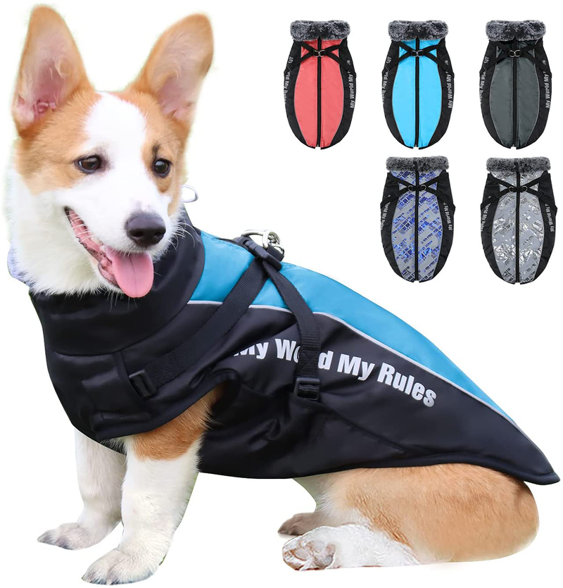 Dog Winter Coat with Harness - Warm Waterproof Dog Snow Jacket, Reflective Dog Vest Pet Clothes for Small Medium Large Dogs Animals & Pet Supplies > Pet Supplies > Dog Supplies > Dog Apparel ALAGIRLS Blue XL(Chest:20.5 in, Back:16.5 in) 