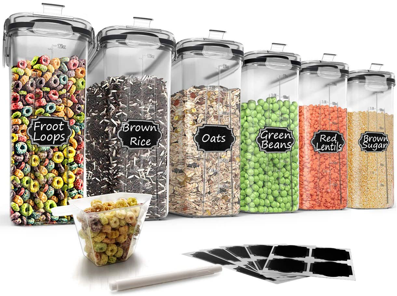 Large Cereal & Dry Food Storage Containers, Wildone Airtight Cereal Storage Containers for Sugar, Flour, Snack, Baking Supplies, Leak-Proof with Black Locking Lids - Set of 6 (4L /135.3Oz) Home & Garden > Kitchen & Dining > Food Storage Wildone Black  