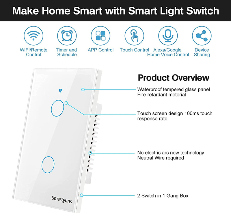Smartyuns WiFi Smart Wall Light Switch White, Tempered Glass Panel Touch Light Switch 2 Gang Switch for 1 Gang Wall Box, Timer Function, Wireless Lighting Control (2 Gang Light Switch White)