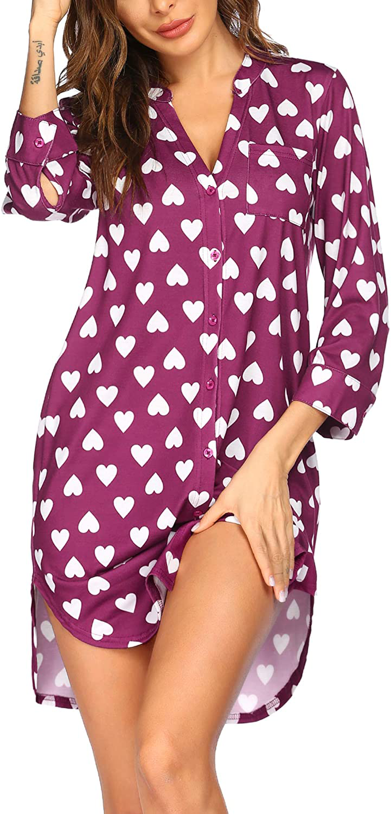 Ekouaer Women'S Nightgown Striped Sleepwear 3/4 Sleeves Nightshirts Soft Button Sleep Dress
