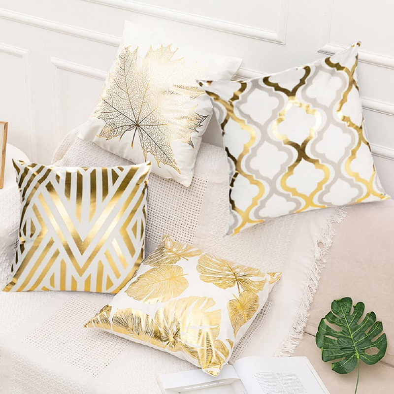 JUFANGFIN Gold Foil Geometric Throw Pillow Covers 18X18 Inch,Set of 4 Farmhouse Geometric Leaves Dercoration,Square Couch Sofa Cushion Covers for Living Bed Room,Outdoor Patio Home Decor(Gold Foil-1) Home & Garden > Decor > Chair & Sofa Cushions JUFANGFIN   