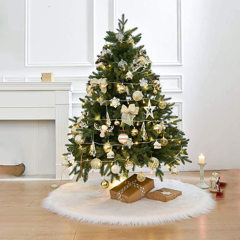 SUGOO Christmas Tree Skirt 48 inches White Plush Faux Fur Classic Used for Xmas Christmas Tree Decorations, New Year Holiday Decorations, Snow White