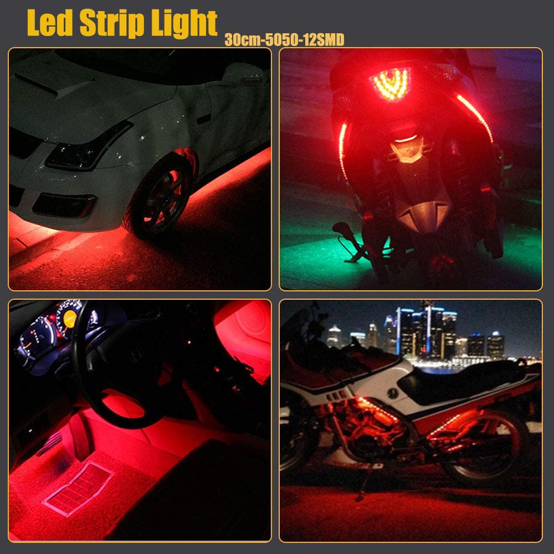EverBright 4-Pack Red 30CM 5050 12-SMD DC 12V Flexible LED Strip Light Waterproof Car Motorcycles Decoration Light Interior Exterior Bulbs Vehicle DRL Day Running with Built-in 3M Tape  YM E-Bright   