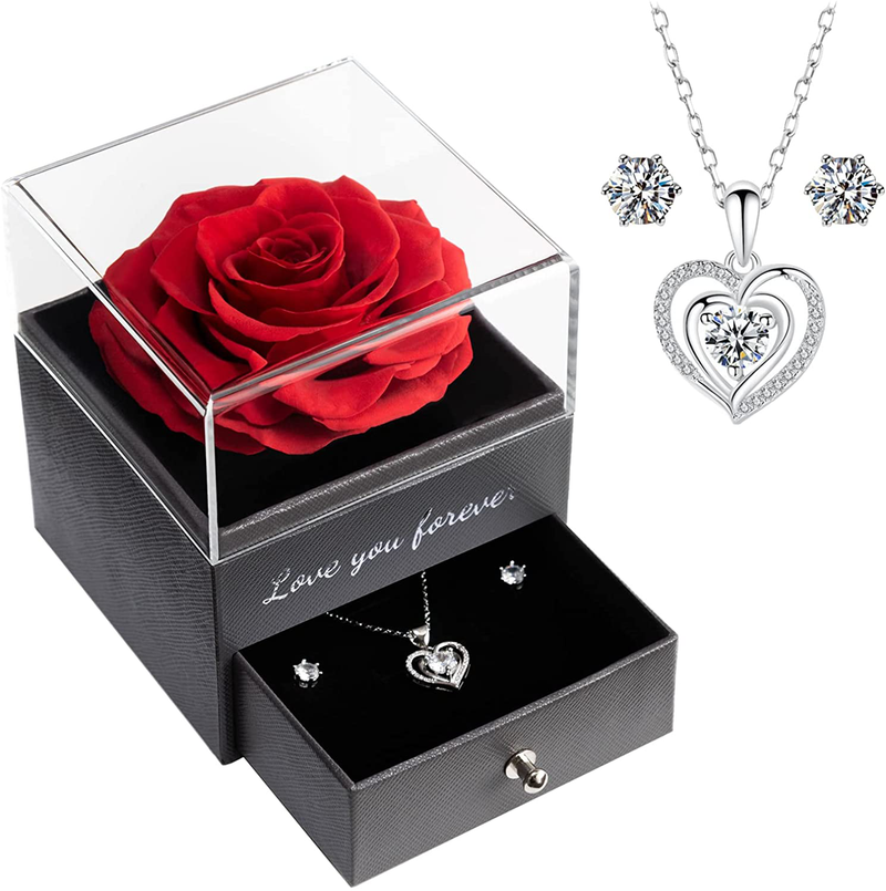 Preserved Real Rose with Necklace in a Box, Eternal Real Flower for Anniversary Valentines Day Mother'S Day, Love You Forever Gifts for Her Women Girl Home & Garden > Decor > Seasonal & Holiday Decorations Yamonic Red  