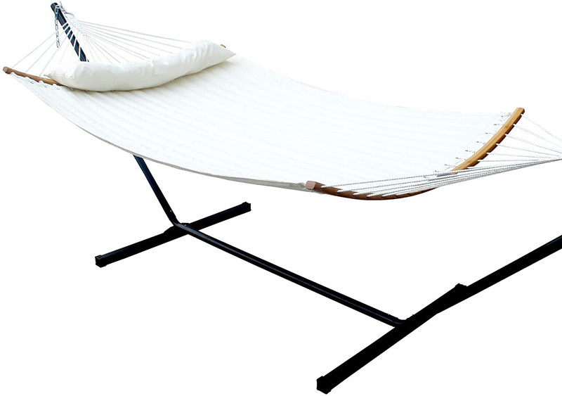SUNNY GUARD 2 Person Hammock with Stand,Quilted Fabric,Heavy Duty Curved-Bar Bamboo with 12.8 FT Stands & Accessories，for Indoor/Outdoor Patio Catalina Beach(450 lb Capacity Home & Garden > Lawn & Garden > Outdoor Living > Hammocks SUNNY GUARD Milky White  