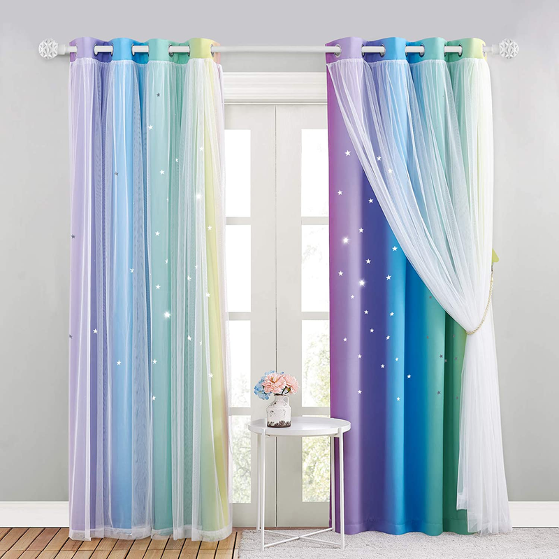 NICETOWN Kids Room Decor for Girls, White Gauze & Blackout Drapes Assembled, Mix & Match Star Cut Curtain Panels with Versatile Styling Options (Teal & Purple, Each is W52 x L84, Sold by 2 PCs) Home & Garden > Decor > Seasonal & Holiday Decorations NICETOWN Rainbow-1 W52 x L95 