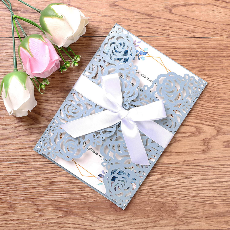 PONATIA 25PCS Hollow Rose Laser Cut Wedding Invitations Cards With Envelopes, Printable Dusty Blue Wedding Invitations Cards with White Ribbons For Bridal Shower Engagement Birthday Sweet 16 Invite