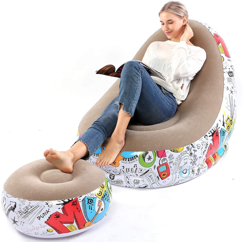Lazy Sofa, Inflatable Sofa, Family Inflatable Lounge Chair, Graffiti Pattern Flocking Sofa, with Inflatable Foot Cushion, Suitable for Home Rest or Office Rest, Outdoor Folding Sofa Chair (Pink) Sporting Goods > Outdoor Recreation > Camping & Hiking > Camp Furniture BOMTTY Khaki  