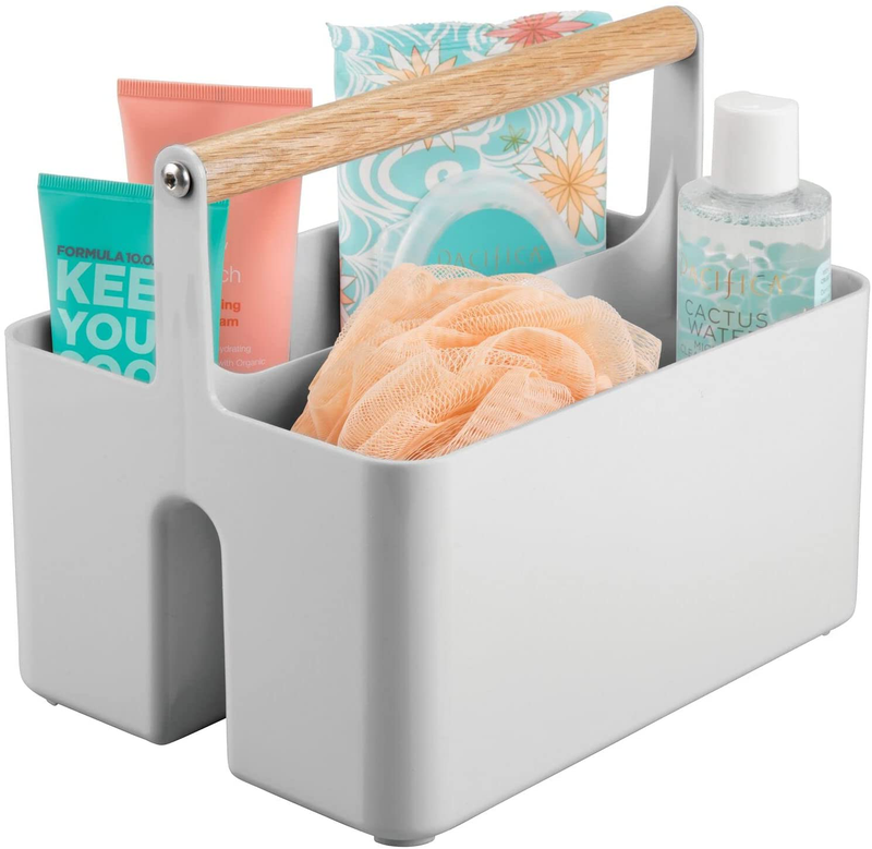 Mdesign Plastic Portable Shower Caddy Divided Basket Bin Storage Organizer with Wood Handle for Bathroom Vanity, Dorm Shelf & Cabinet - Holds Shampoo, Conditioner - Aura Collection - Gray/Natural