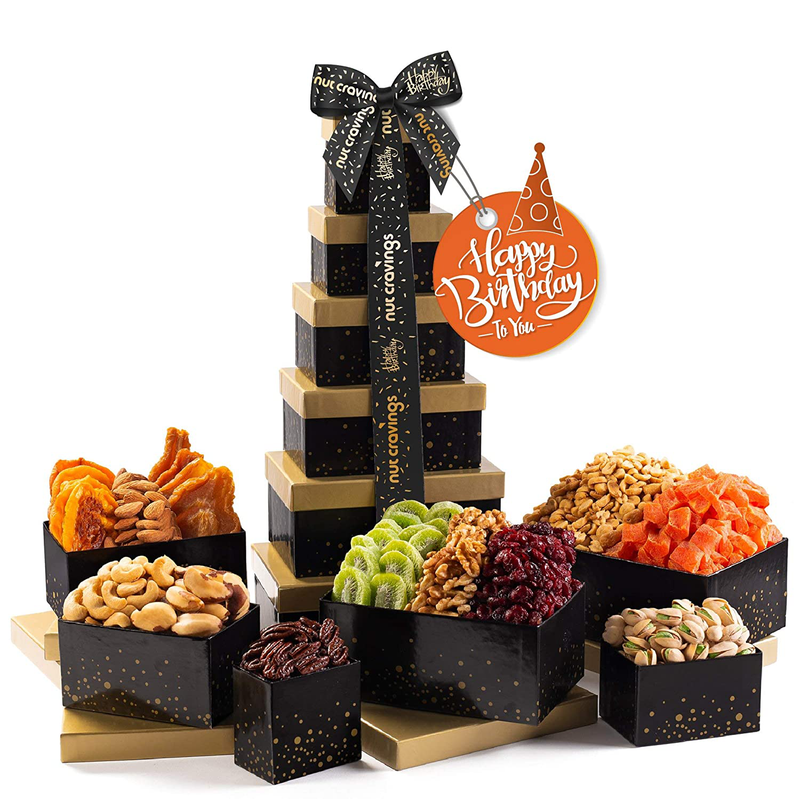 Dried Fruit & Nuts Gift Basket Black Tower + Ribbon (12 Piece Set) Valetines Day 2022 Idea Food Arrangement Platter, Birthday Care Package Variety, Healthy Kosher Snack Box for Adults Prime