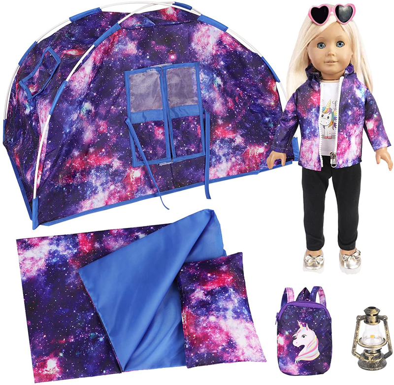 Mjartoria 6 Items Astronaut Doll Camping Tent Set for American 18 Inch Girl Doll Accessories, Including 18 Inch Doll Camping Tent Outer Space, Sleeping Bag, Pillow, Hat, Jumpsuit, Shoes Sporting Goods > Outdoor Recreation > Camping & Hiking > Tent Accessories MJartoria Purple-outer Space Theme  