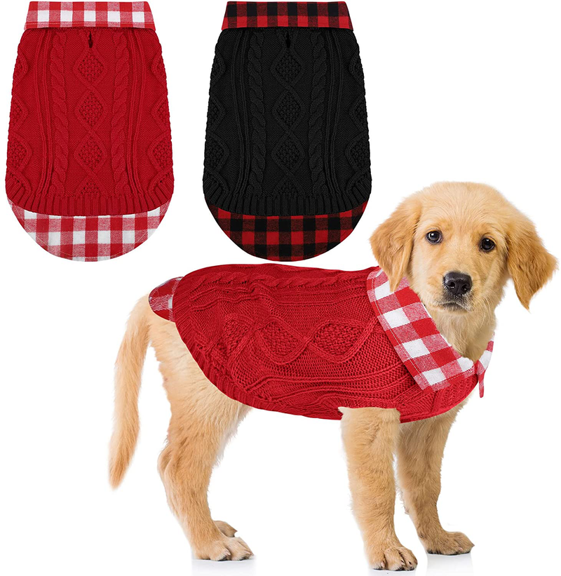 Pedgot Pack of 2 Turtleneck Knitted Dog Sweater Soft and Warm Pet Winter Clothes Classic Cable Knit Plaid Patchwork Pet Sweater for Small Medium Large Dogs
