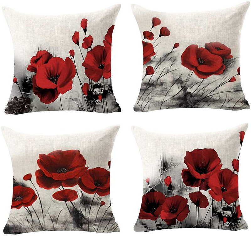NIDITW Pack of 4 Watercolor Ink Painting Red Poppy Flower Cotton Burlap Decorative Square Throw Pillow Case Cushion Cover for Couch Living Room 18 Inches (A) Home & Garden > Decor > Chair & Sofa Cushions NIDITW A  