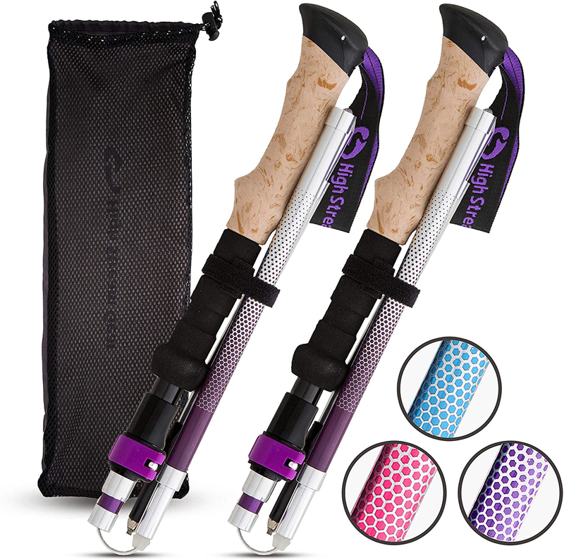Foldable Hiking & Trekking Poles, 2 Lightweight Collapsible Walking Sticks, Adjustable Quick Lock Folding Poles with Backpacking Essentials Accessories Gift for Men and Women Sporting Goods > Outdoor Recreation > Camping & Hiking > Hiking Poles High Stream Gear Purple 100-120cm 