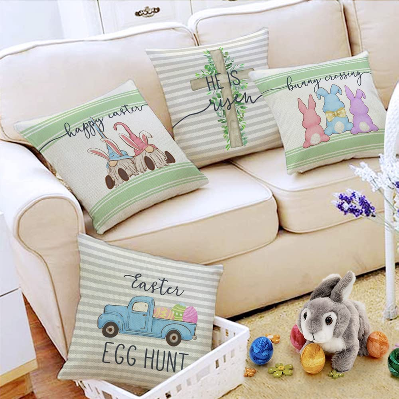 Easter Pillow Covers 18X18 Set of 4 Easter Decorations for Home Easter Eggs Hunt Bunny Gnomes Pillows Easter Decorative Throw Pillows Spring Easter Farmhouse Decor for Couch A480-18