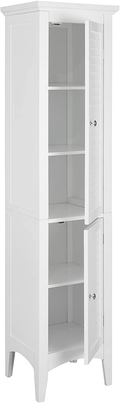 Elegant Home Fashions Glancy Linen Tower Freestanding Cabinet Tall Narrow Bathroom Kitchen Living Room Storage with 2 Shutter Doors 5 Tier Shelves, White