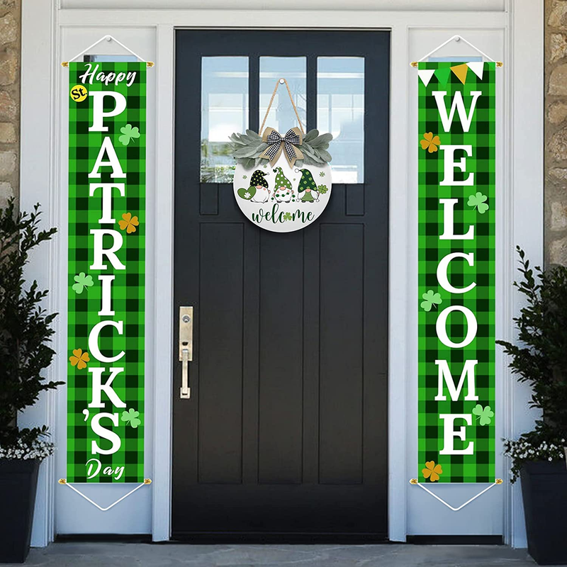 St Patrick'S Day Wreath for Front Door Decor Welcome Sign Shamrock Gnomes Pattern Hanging Door Sign with Greenery & Bow Wooden round St Patricks Day Decoration for the Home Farmhouse Decor 12X12 Inch