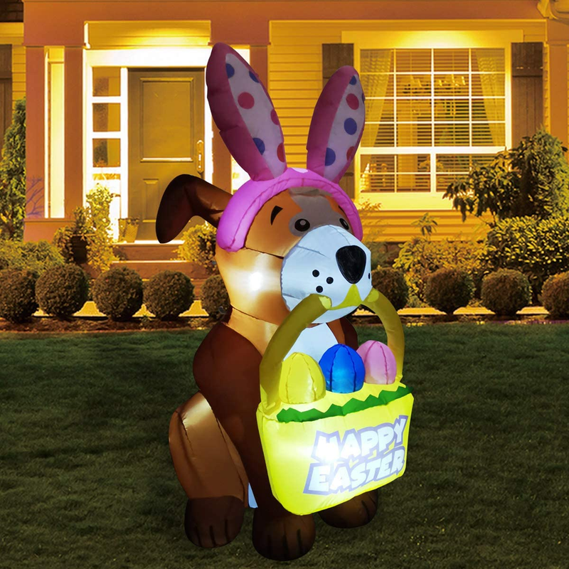 GOOSH 5 FT Height Easter Inflatables Outdoor Dog with a Bunny Headband, Blow up Yard Decoration Clearance with LED Lights Built-In for Holiday/Easter/Party/Yard/Garden Home & Garden > Decor > Seasonal & Holiday Decorations GOOSH   
