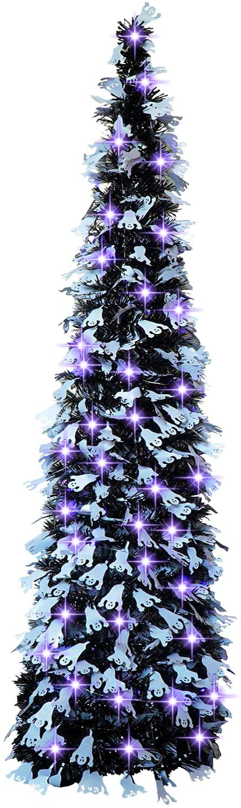Halloween Christmas Tree with 50 Lights,5ft Black Artificial Glittery Circle Sequin Collapsible Pencil Tinsel Trees for Decorations Indoor Holiday Party Home & Garden > Decor > Seasonal & Holiday Decorations > Christmas Tree Stands WOKEISE Black+white Ghost  