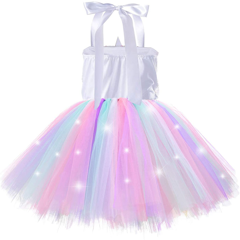 Sequin Unicorn Lighted Dress for Girls with Headband Birthday Halloween Christmas Party Outfits Dance Princess Tutu Costumes