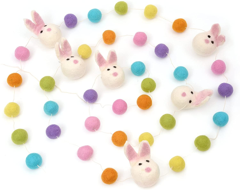 Glaciart One Felt Ball & Bunny Garland - Fun Party Decorations for Easter, Spring & Birthdays - Home Decor for Living Room, Bedroom, Baby Room - 100% Natural Wool Pom Poms with Cotton String - 9 Ft.