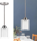 Jazava Modern Mini 1-Light Pendant, 2Pack Industrial Hanging Ceiling Light Fixture, Adjustable Length, Brushed Nickel Finish with White Linen Frosted and Clear Glass Shades Home & Garden > Lighting > Lighting Fixtures JAZAVA Db-1 Pack  