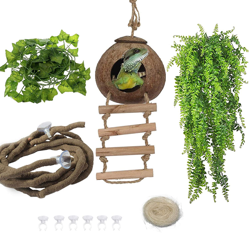 kathson Lizard Coco Den with Ladder, Gecko Coconut Husk Hut with Jungle Climber Vines Reptile Plants Decor for Pets, Nesting Home Hide Durable Cave Habitat
