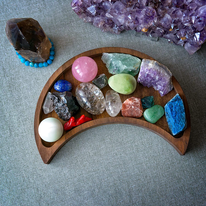 Moon Tray Crystal Holder for Stones - Crystal Tray for Stones - Wooden Box for Crystals Display Shelf - Crystal Organizer for Stones - Large Bowl for Crystals Stones 10.23 by 5.13 Inches Walnut Wood