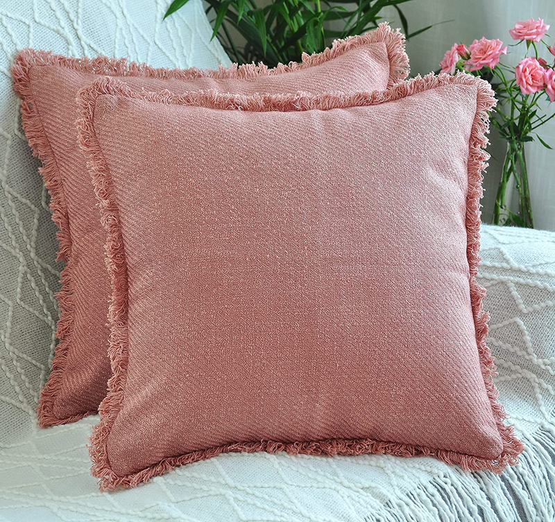 Decorative Throw Pillow Cover with Fringed Trim (20X20 Inches, Dusty Rose), Frill Accent Pillow Cover for Couch Sofa Bed/ Farmhouse Woven Pillow Case/ Modern Cushion Cover with Frayed Edge Home & Garden > Decor > Chair & Sofa Cushions Oveesha   