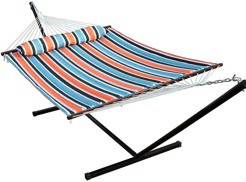 SUNLAX Hammock with Stand Included 12.5FT Portable Steel Stand and Spreader Bar, Detachable Pillow, Quilted Fabric Swing, Blue and Aqua Stripes Home & Garden > Lawn & Garden > Outdoor Living > Hammocks SUNLAX Orange Blue Hammock with Stand 