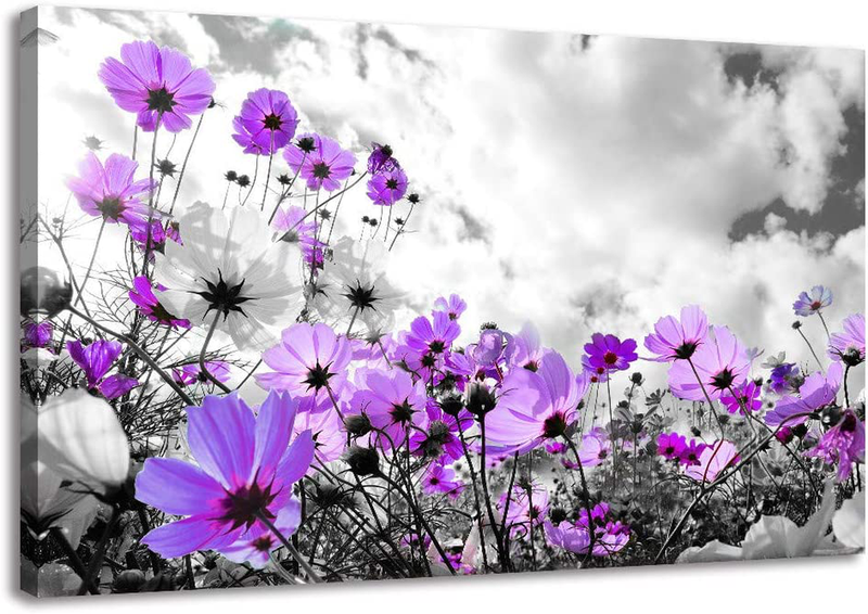 Modern Purple Flowers Canvas Art Wall Decor Black and White Framed Galsang Floral Prints and Posters Wall Hanging Decorations Ready to Hang for Bedroom Bathroom (Purple, 16X24Inx1) Home & Garden > Decor > Artwork > Posters, Prints, & Visual Artwork RUISHI Purple 16x24inx1 