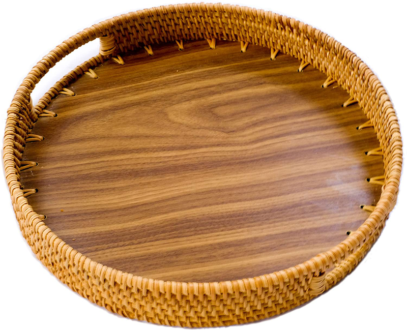 Rattan Decorative Tray with Natural Wood - Coffee Table/ Ottoman Tray - Vanity Tray - Fruit Basket - Serving Tray (12+14 inch) Home & Garden > Decor > Decorative Trays Kordes 14 inch  