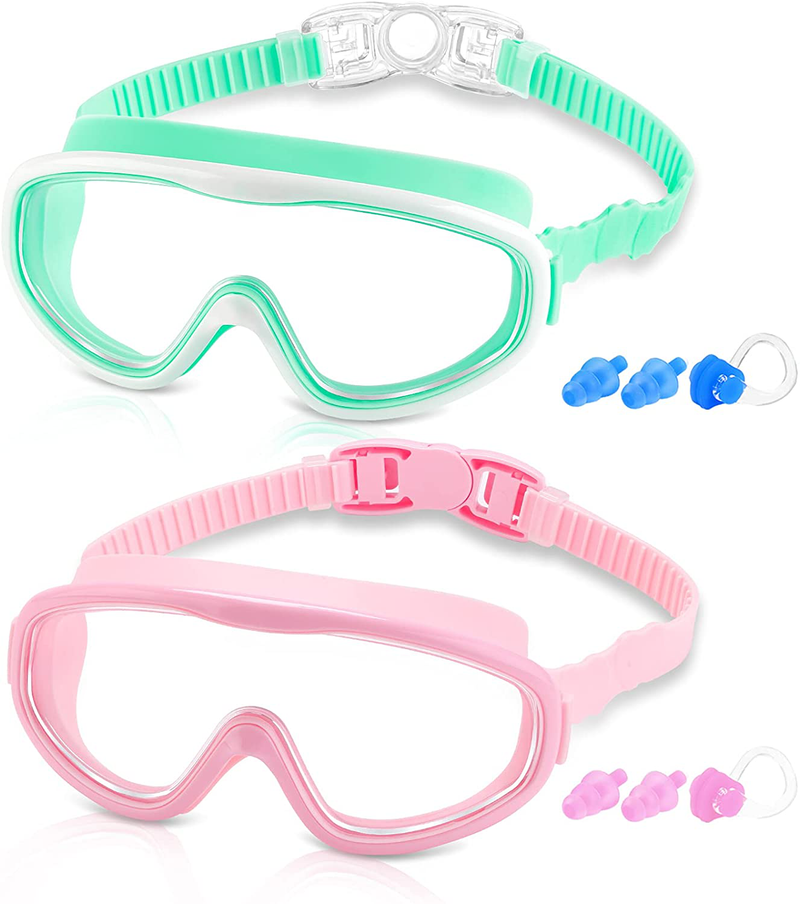 COOLOO Kids Goggles for Swimming for Age 3-15, 2 Pack Kids Swim Goggles with nose cover, No Leaking, Anti-Fog, Waterproof Sporting Goods > Outdoor Recreation > Boating & Water Sports > Swimming > Swim Goggles & Masks COOLOO M. Wv-green+pink  