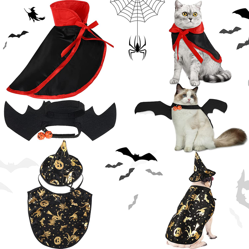 Frienda 4 Pieces Halloween Pet Costume Sets Cat Bat Wing with Bell Halloween Pet Cat Witch Cape Pet Vampire Costume Cloak Cat Witch Hat for Cats Kitten Puppy Cosplay Party Decoration
