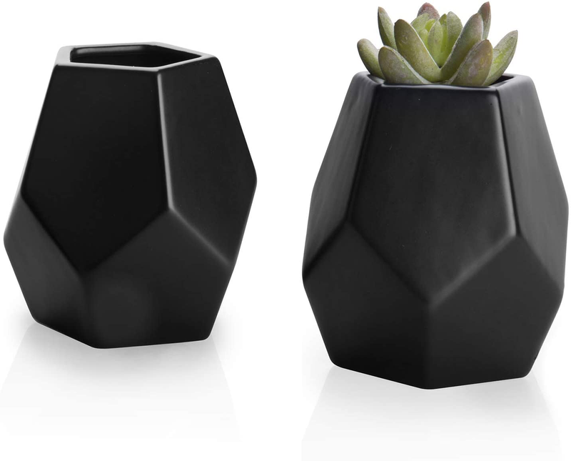 MyGift Matte Black Ceramic Geometric Flower Vases, Set of 2