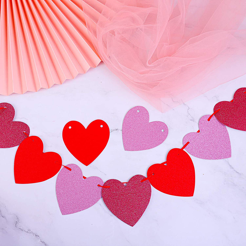 Ruisita 5 Strings Pre-Strung Valentine'S Day Glittering Heart Banner No DIY Paper Heart Garland Decorations for Valentine Decor, Anniversary Party Supplies (Burgundy, Red, Pink)