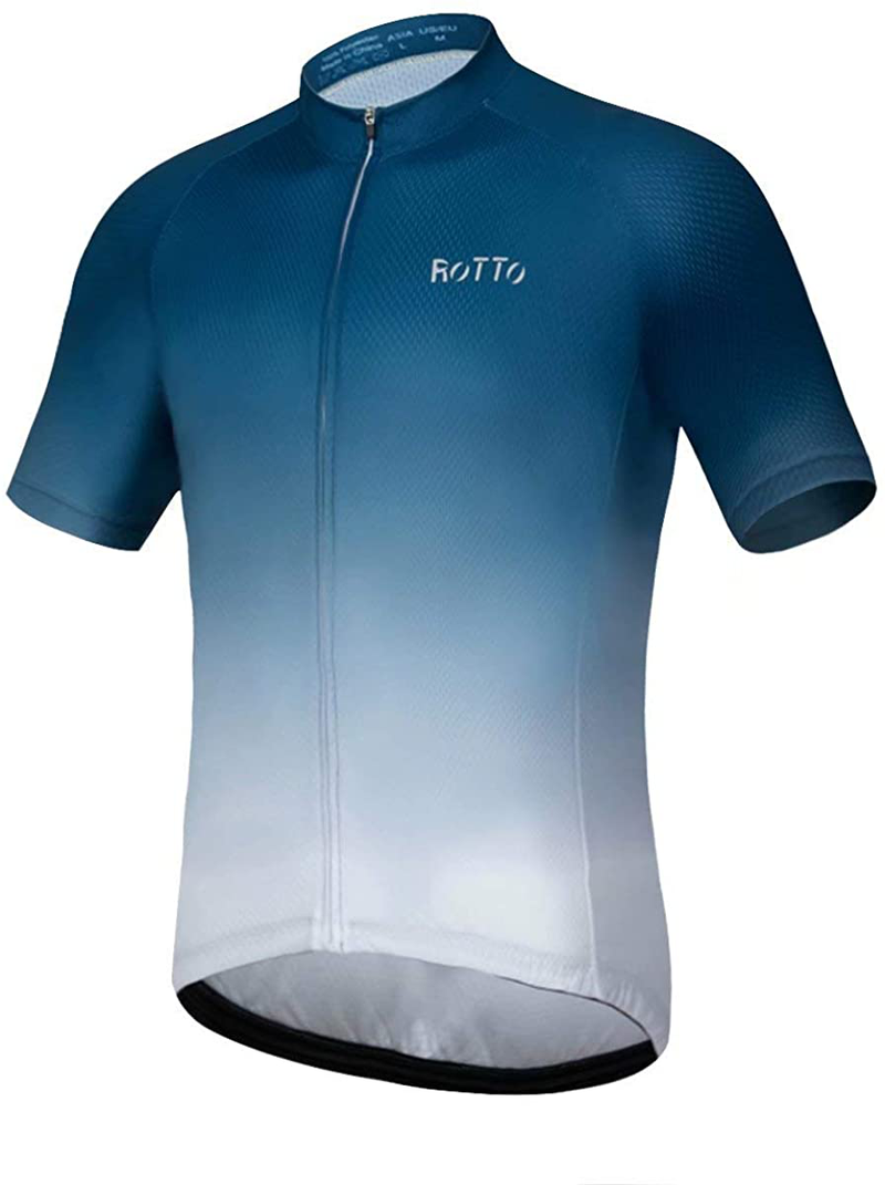 ROTTO Cycling Jersey Mens Bike Shirt Short Sleeve Gradient Color Series Sporting Goods > Outdoor Recreation > Cycling > Cycling Apparel & Accessories ROTTO A2 Navy Blue-white Medium 