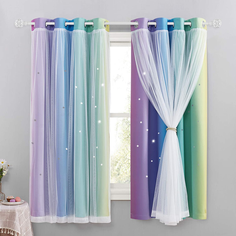 NICETOWN Kids Room Decor for Girls, White Gauze & Blackout Drapes Assembled, Mix & Match Star Cut Curtain Panels with Versatile Styling Options (Teal & Purple, Each is W52 x L84, Sold by 2 PCs) Home & Garden > Decor > Seasonal & Holiday Decorations NICETOWN Rainbow-1 W52 x L63 