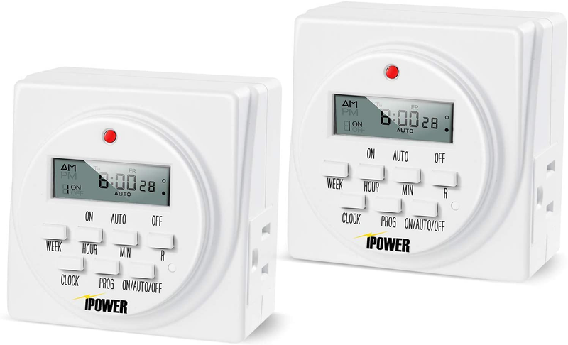 iPower GLTIMEDWEEK-A 7 Day Heavy Duty Digital Programmable Electric Timer, Indoor Dual Outlet Switch for Lights, Appliance, Pool Pump, 125VAC, 15A, 60 Hz, 1725W, ETL Liste, 1 Pack, White Home & Garden > Lighting Accessories > Lighting Timers iPower 2 Pack  