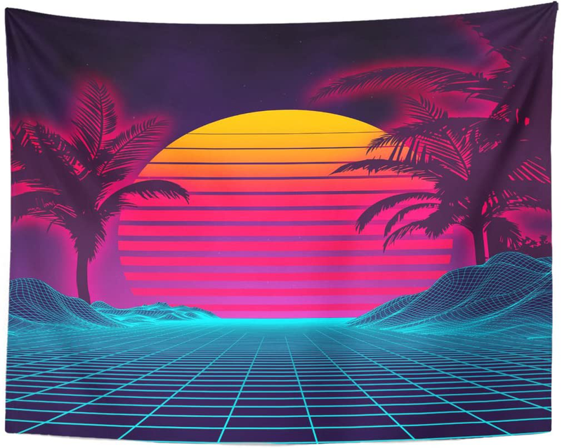 TOMPOP Tapestry Retro Futuristic Neon Landscape 1980S Digital Cyber 80S Party Sci Home Decor Wall Hanging for Living Room Bedroom Dorm 50x60 Inches Home & Garden > Decor > Artwork > Decorative Tapestries TOMPOP 60" x 80"  
