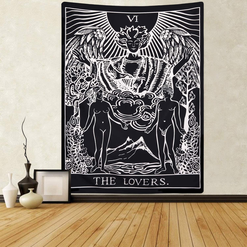Tarot Cards Tapestry The Lovers Tapestry, Lovers Stand Under The Tree Tapestry Black Tapestry Medieval Europe Divination Tapestry for Room Home & Garden > Decor > Artwork > Decorative Tapestries Sevenstars Lovers Tapestry 70.9" x 92.5" 