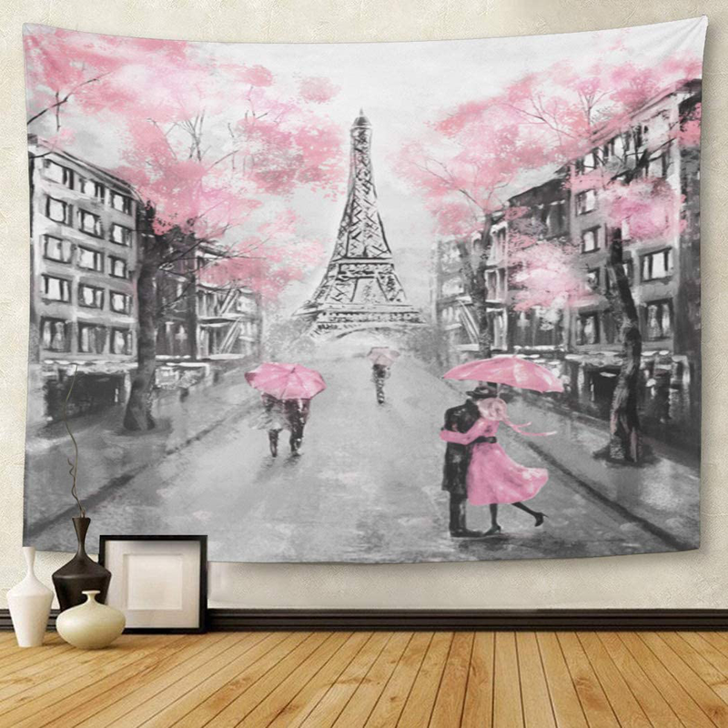TOMPOP Tapestry Oil Painting Paris European City Landscape France Eiffel Tower Black White Pink Grey Modern Couple Under Home Decor Wall Hanging Living Room Girls Bedroom Dorm 60x80 inches Home & Garden > Decor > Artwork > Decorative Tapestries TOMPOP   