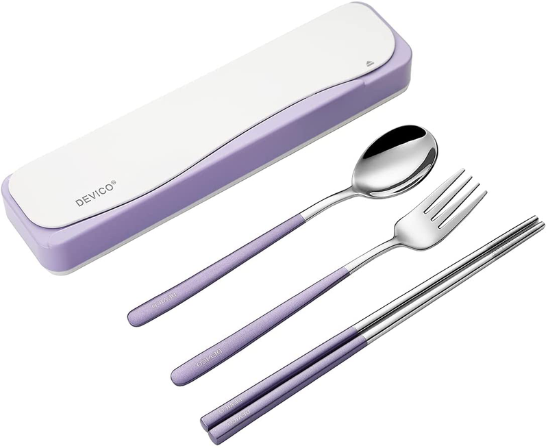 DEVICO Travel Utensils, 18/8 Stainless Steel 4pcs Cutlery Set Portable Camp Reusable Flatware Silverware, Include Fork Spoon Chopsticks with Case (Black) Home & Garden > Kitchen & Dining > Tableware > Flatware > Flatware Sets DEVICO Purple  