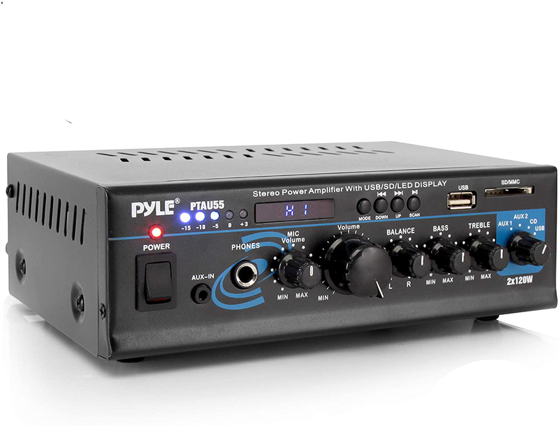 Portable Home Audio Power Amplifier - 2X120 Watt, 2 Channel Surround Sound Stereo Receiver w/ USB IN - For Amplified Subwoofer Speaker, CD DVD, MP3, iPhone, Phone, Theater, PA System - Pyle PTAU45 Electronics > Audio > Audio Components > Audio Amplifiers Pyle USB + SD Card Standard Packaging 2 x 120 Watts